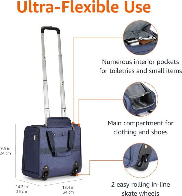 Underseat Carry On Luggage with Wheels - 14-Inch Rolling Travel Bag, Navy - Image 2
